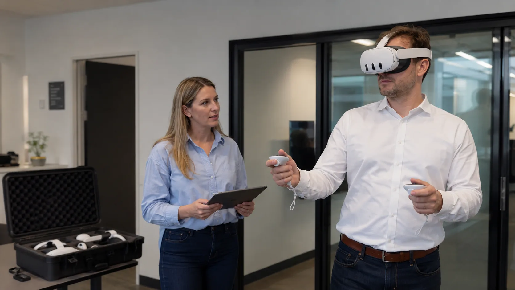 Trainerin begleitet einen Mitarbeiter mit VR-Headset