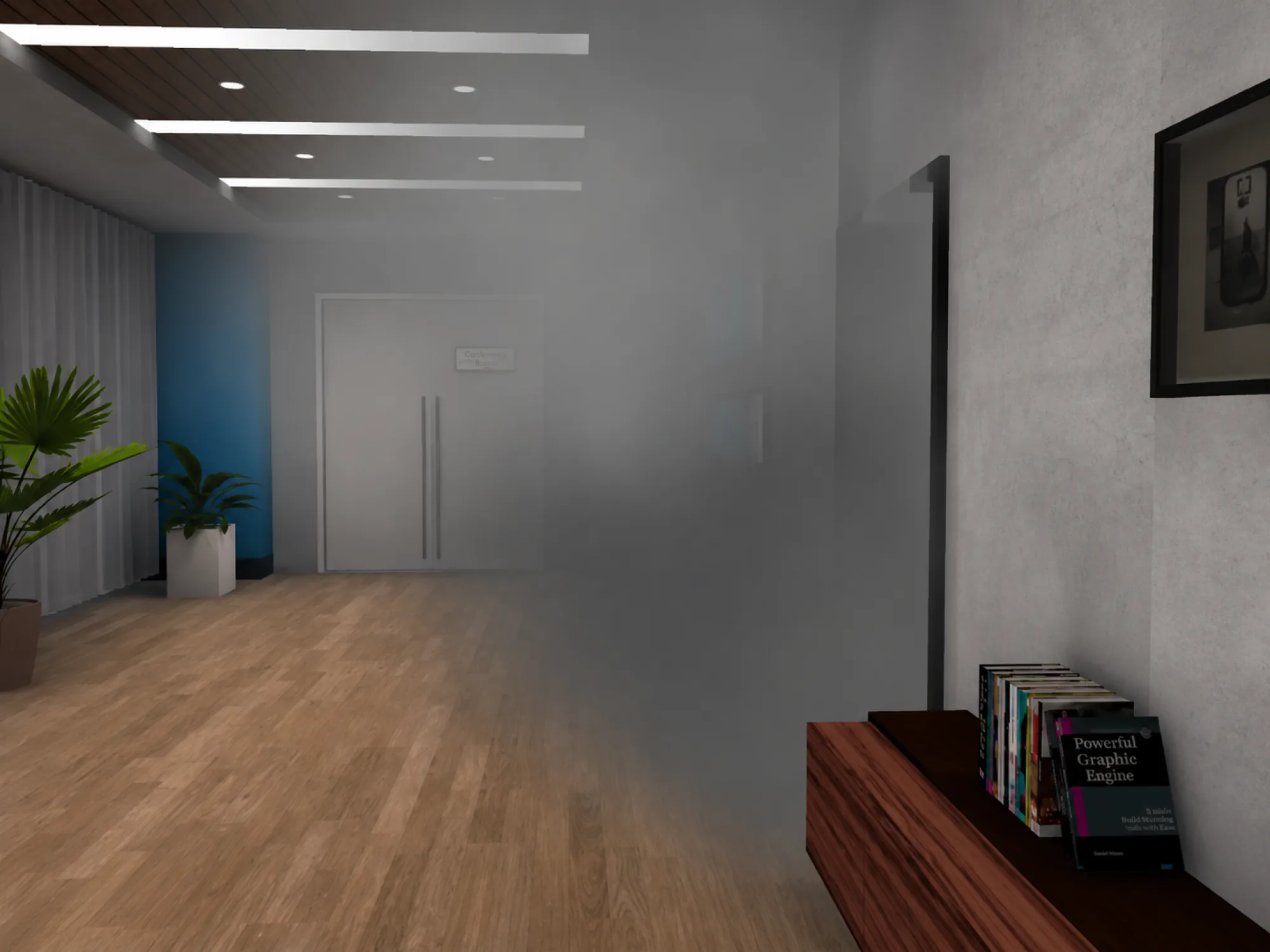 VR-Szene: Flur eines Bürogebäudes bei Nacht während eines Patrouillentrainings