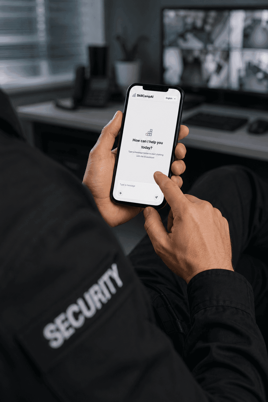 A worker holds a phone running the Operations Assistant, which asks “How can I help you today?”