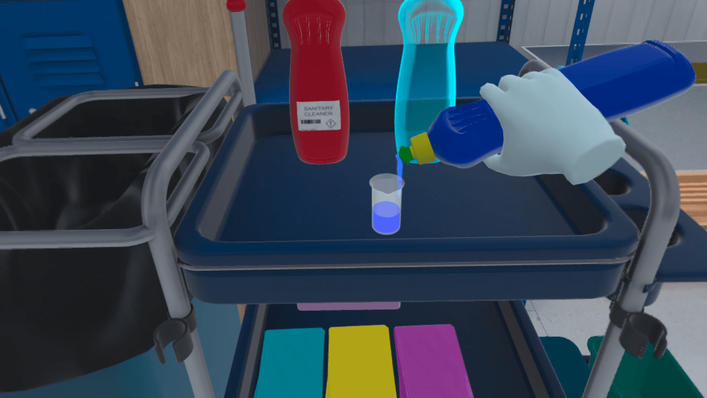 A gloved hand pours cleaning solution into a measuring cup on a cleaning cart, a red sanitary cleaner bottle and a highlighted product bottle beside it