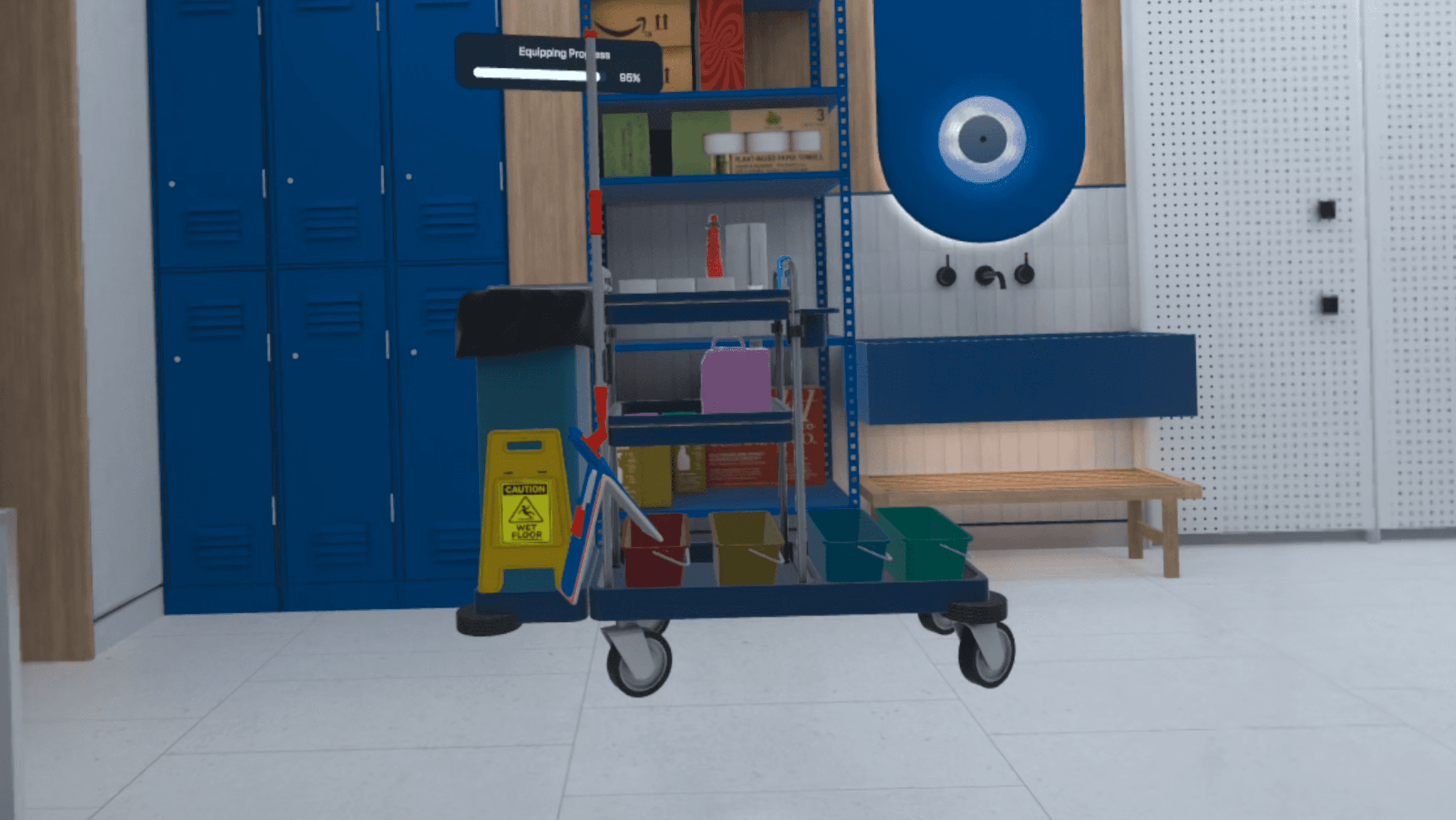 A cleaning cart loaded with colour-coded bins and supplies stands in a staff locker room next to a caution wet floor sign