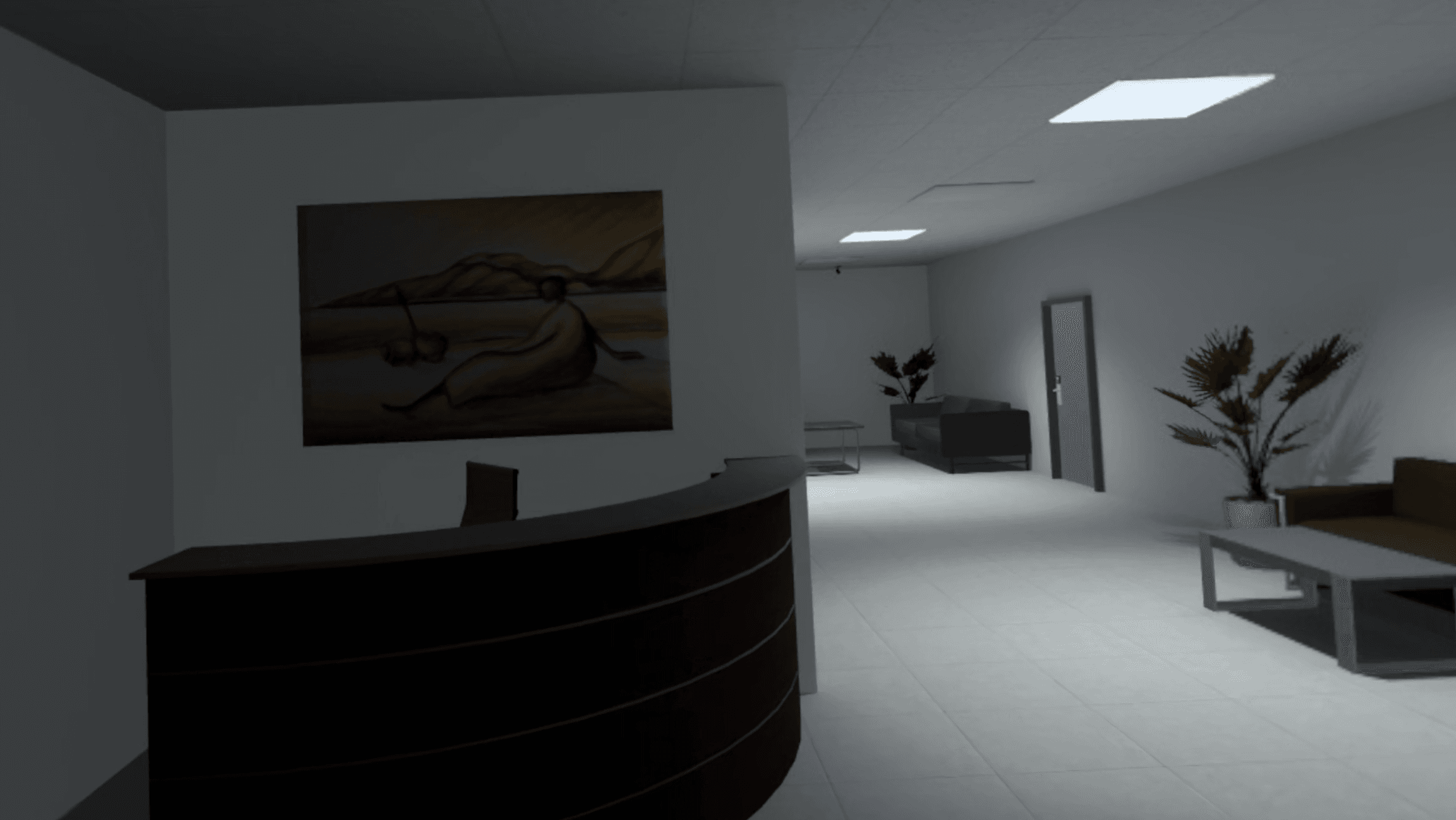 A dim office reception area with a seating corner, a reception desk and a hallway leading further into the building