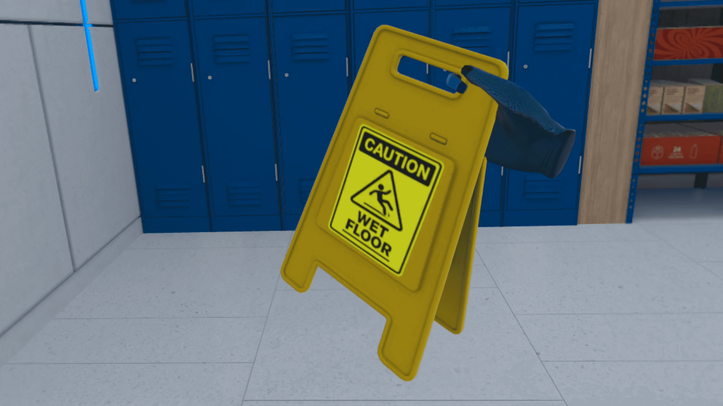 A gloved hand holds a yellow caution wet floor sign in front of a row of lockers