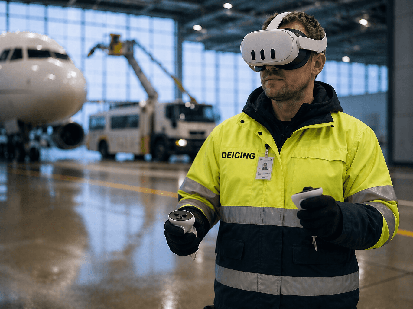 A deicing technician in a hi-vis jacket wears a VR headset in a hangar, an aircraft nose and deicing truck visible behind him