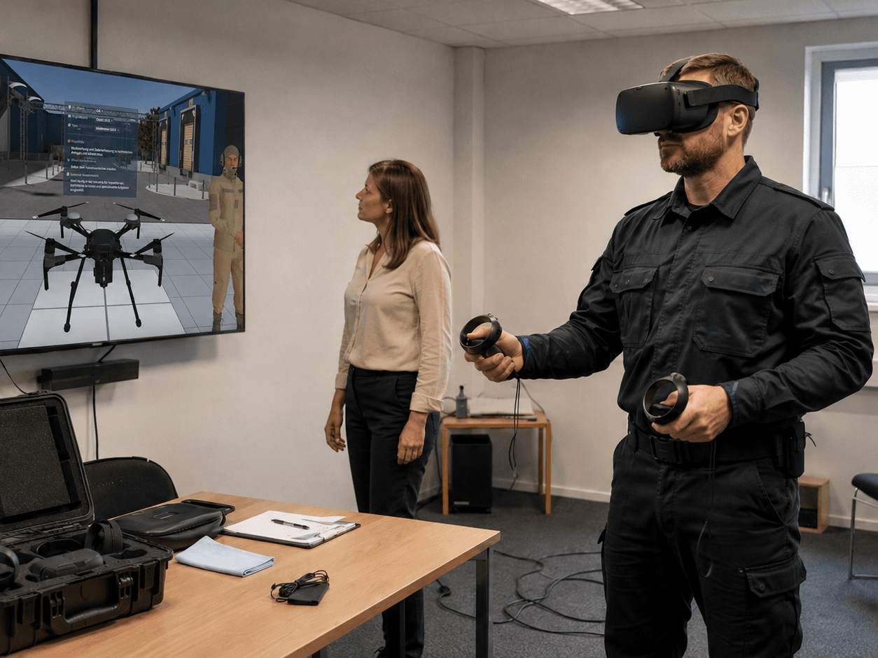 An officer wearing a VR headset stands beside a colleague while a wall screen shows a drone hovering near a building, an equipment case open on the table nearby