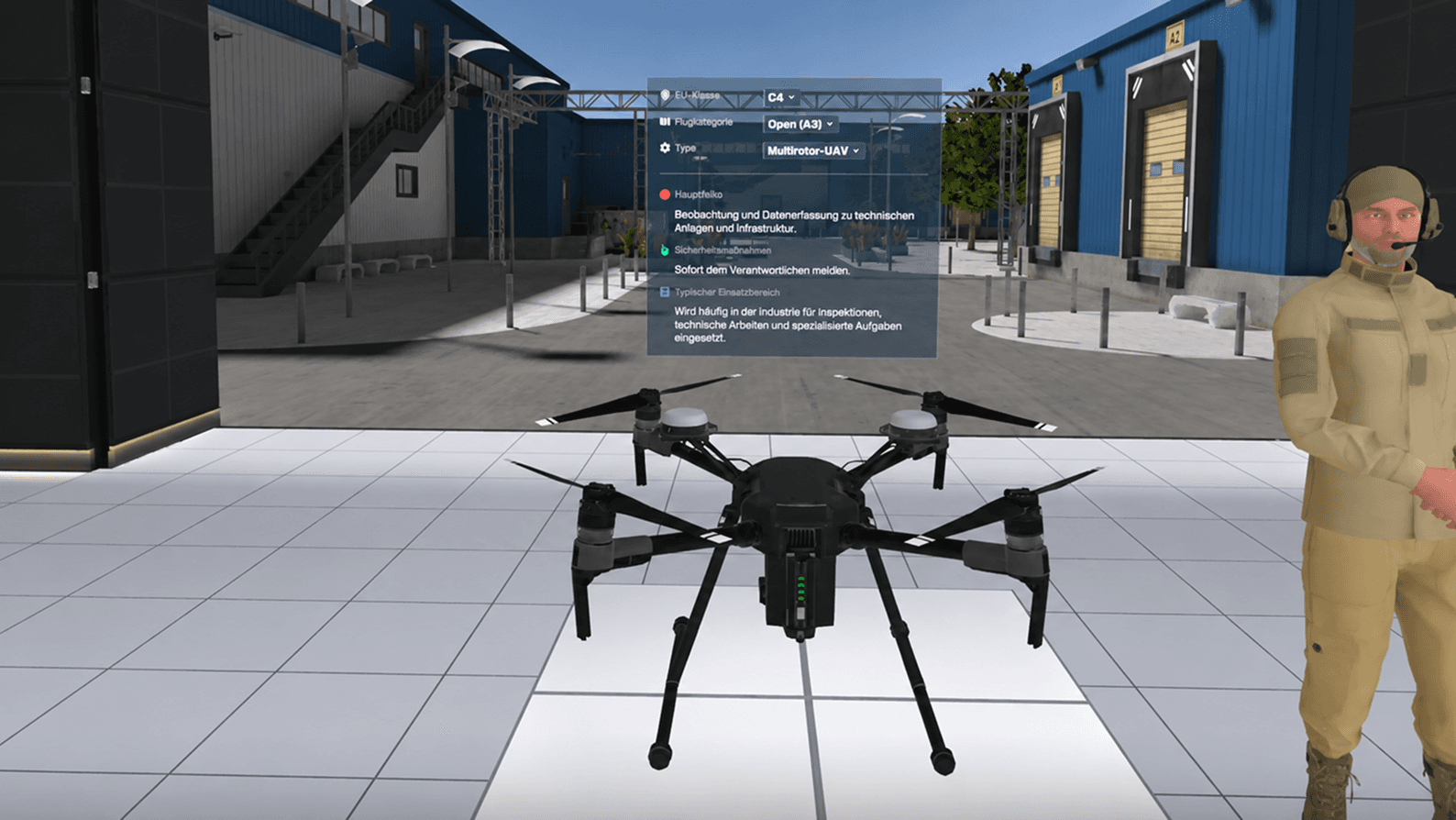 Un drone a terra in un cortile industriale, un pannello sovrapposto che mostra la sua classe UE, categoria di volo e tipo, una figura in uniforme accanto ad esso.