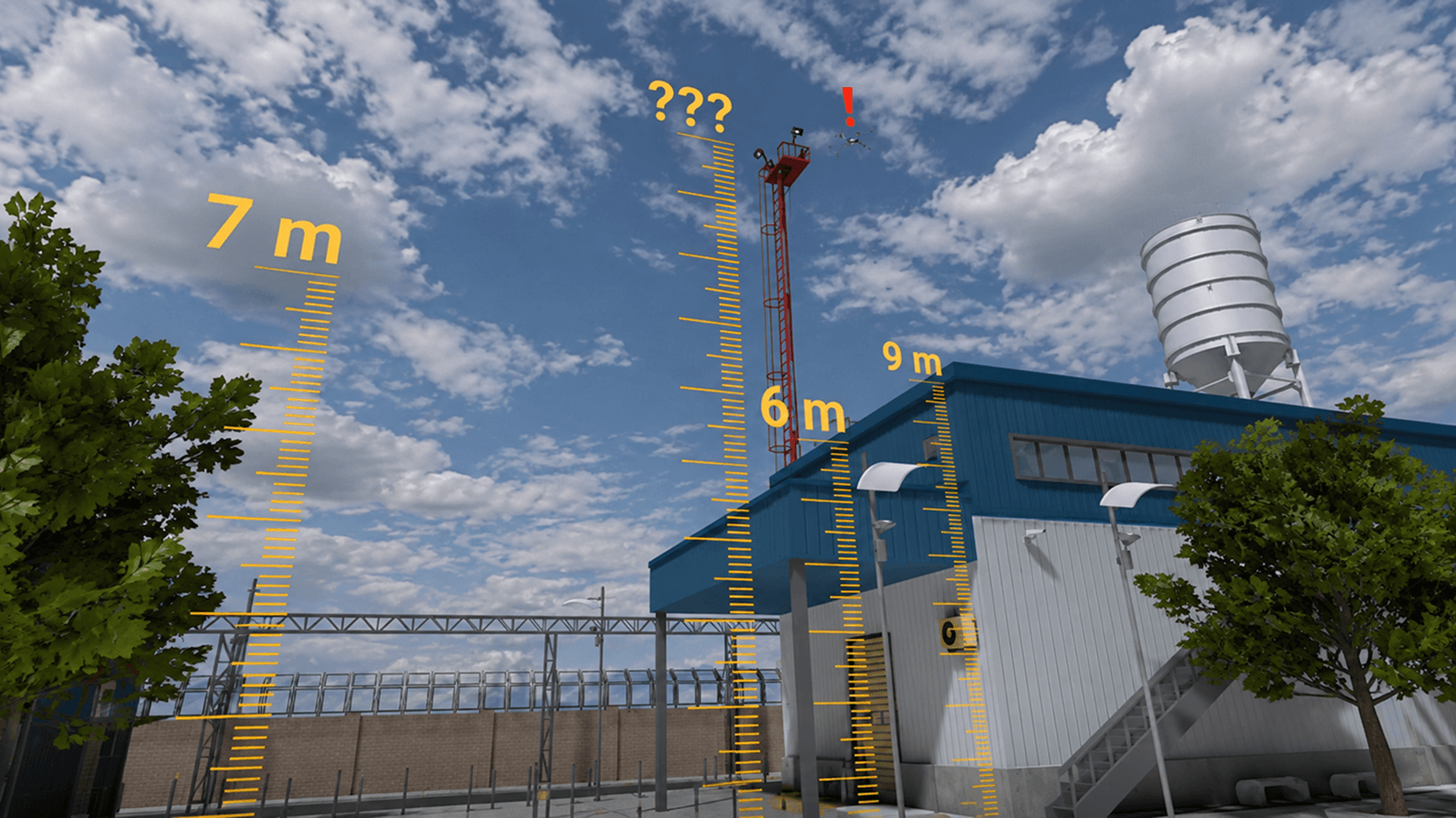 Indicatori di altezza in metri si sovrappongono al cielo sopra un edificio industriale, tracciando l'altitudine di un drone rispetto a una gru e un silo.