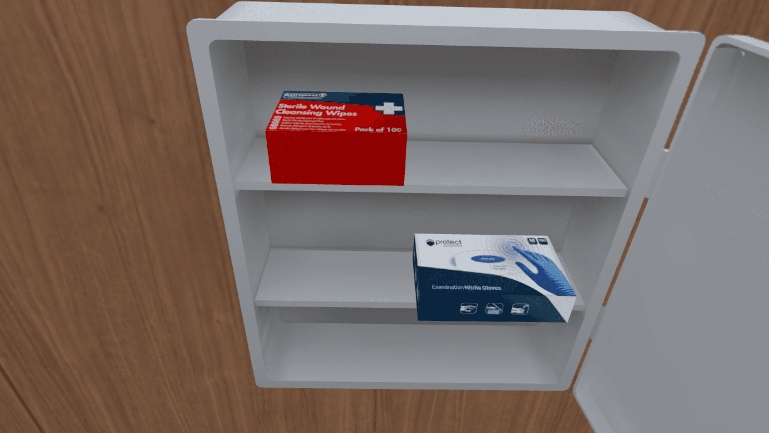 A supply cabinet shelf holding a box of sterile wound cleansing wipes and a box of examination nitrile gloves.