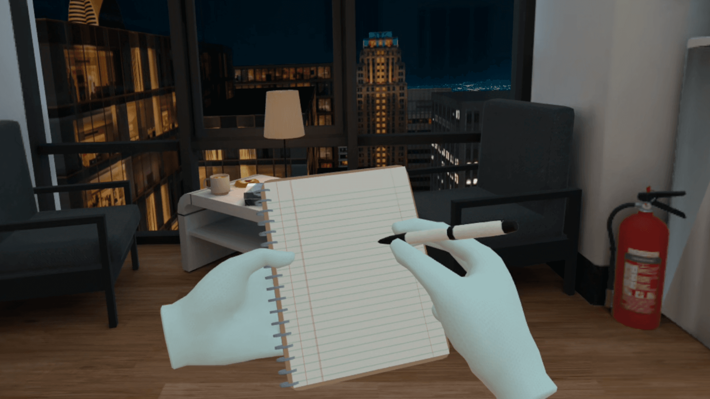 A pair of VR hands hold a notebook and pen, ready to write, a city skyline and a fire extinguisher visible in the room behind.