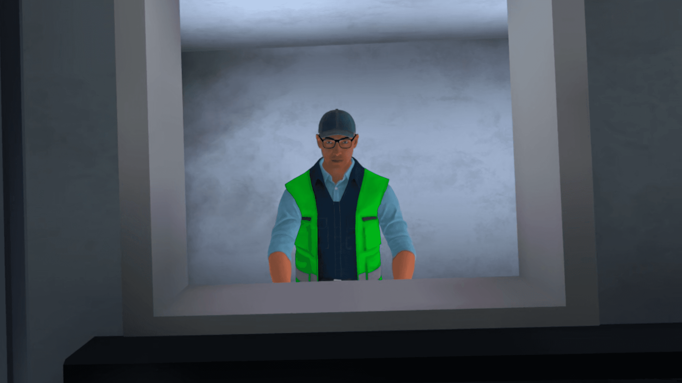 A man in a high-vis vest stands behind a service window, looking out over the counter.