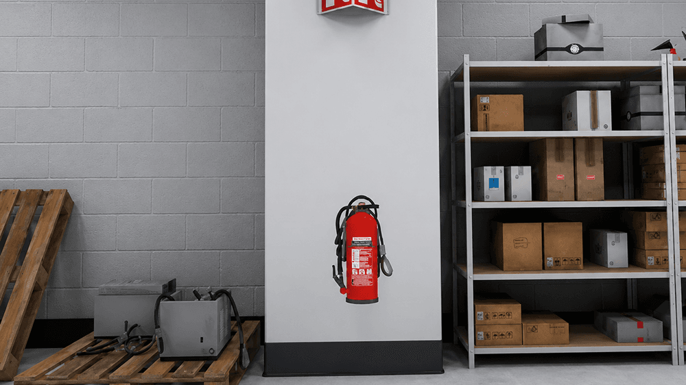 Ein roter Feuerlöscher hängt an einer Wand neben Paletten und Regalen voller Kartons in einem Lagerbereich.