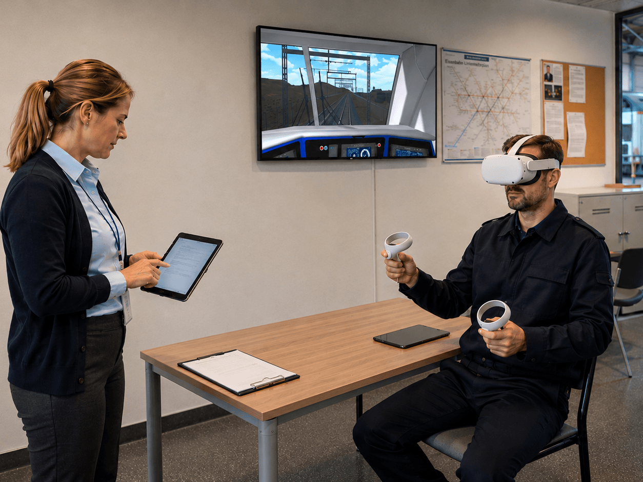 A trainer holds a tablet while a trainee wearing a VR headset stands beside a wall screen showing a locomotive cab view, a real train visible through the depot door behind them