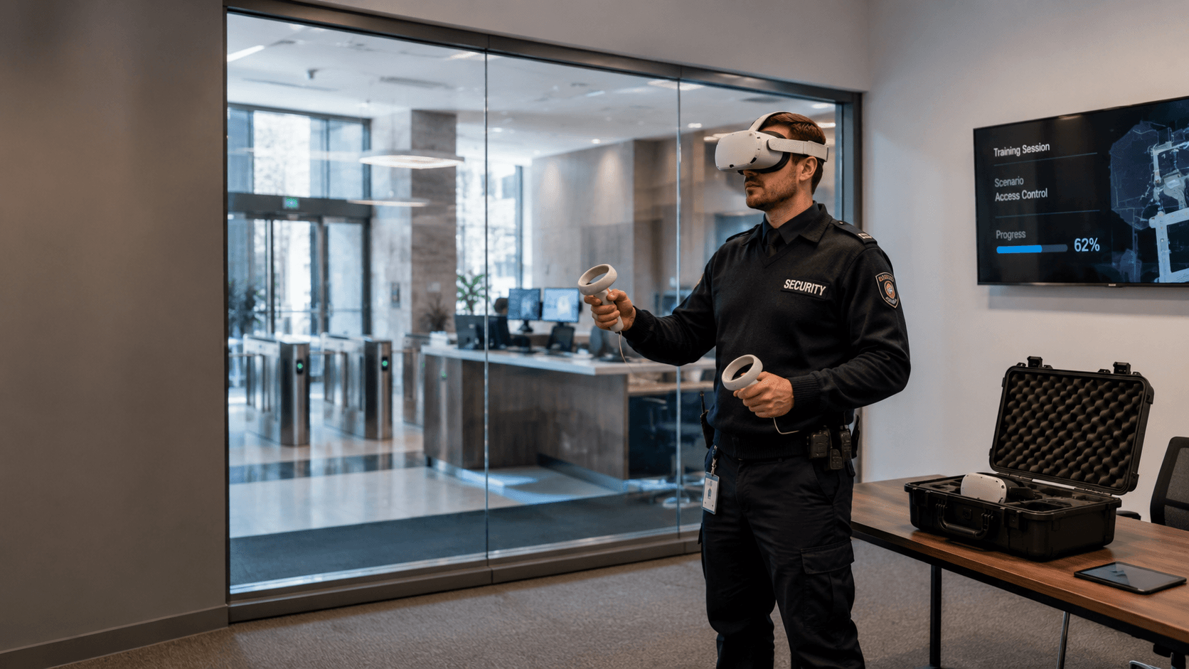 An officer wearing a VR headset practices in an office setting, a training-session dashboard on a screen beside him