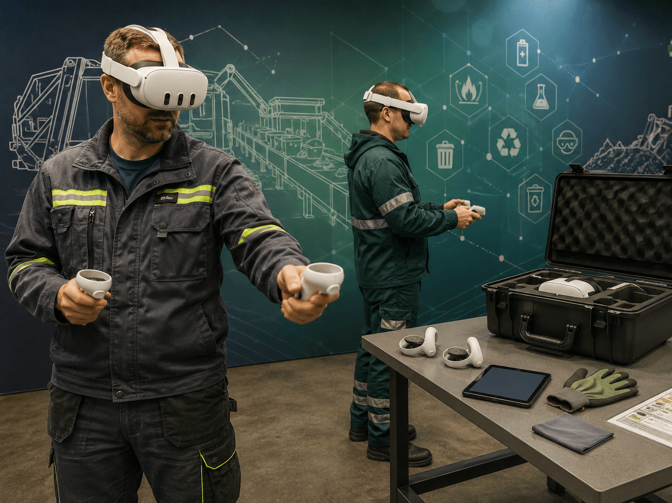 Two waste crew members wearing VR headsets and holding hand controllers train beside a table, hazard icons for batteries, fire and chemicals overlaid on the wall behind them, an open headset case on the table in front