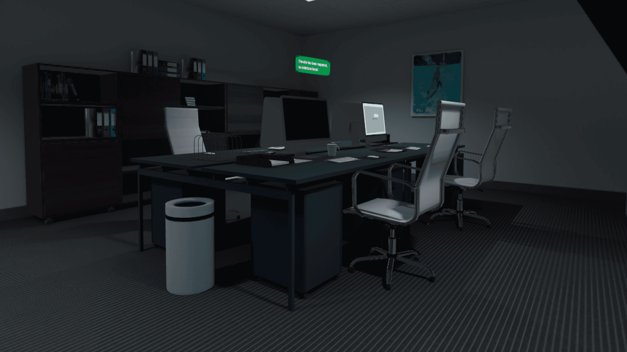A dimly lit office workstation with dual monitors, an office chair, and shelving stacked with binders nearby.