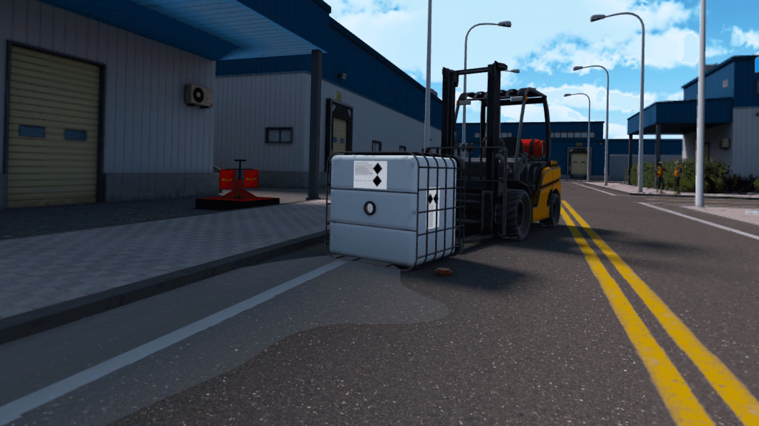 A forklift carries a cracked hazardous-material container that is leaking fluid onto a warehouse yard road.