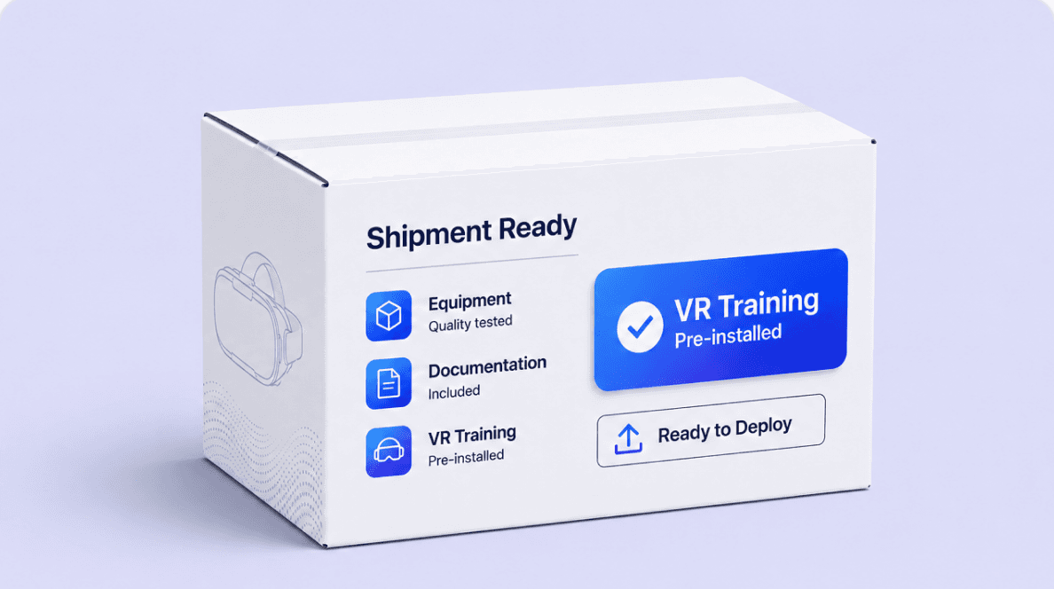 A shipping crate labelled as equipment, documentation and VR training, pre-installed and ready to deploy
