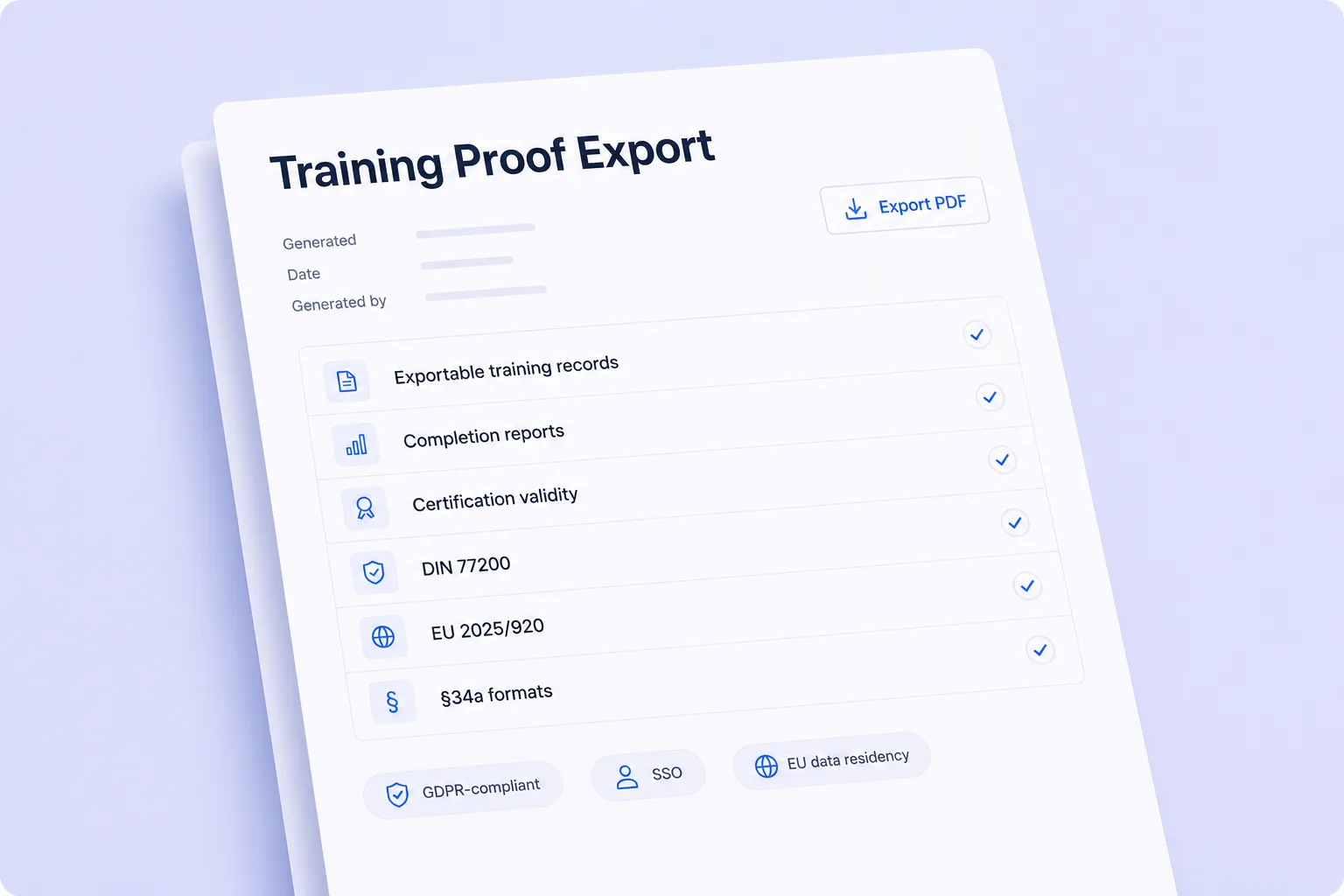 A training proof export as a PDF: exportable training records, completion reports, and certification validity, ticked off in DIN 77200, EU 2025/920, and §34a formats, tagged GDPR, SSO, and EU data residency